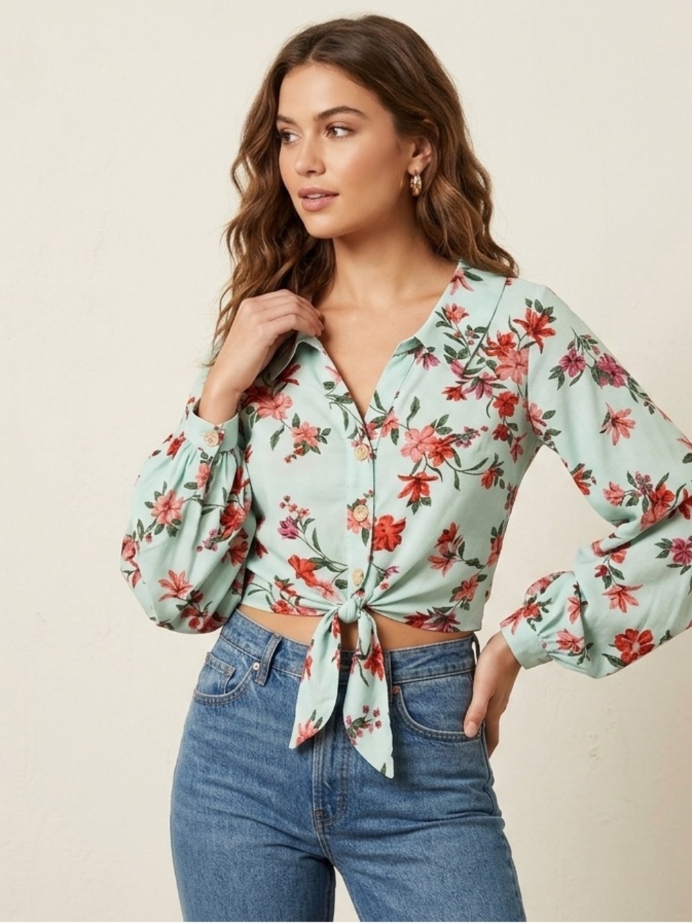 Sz M Mengsi Soft Green Floral Tie-Front Ruffle Sleeve Boho Fairy Blouse